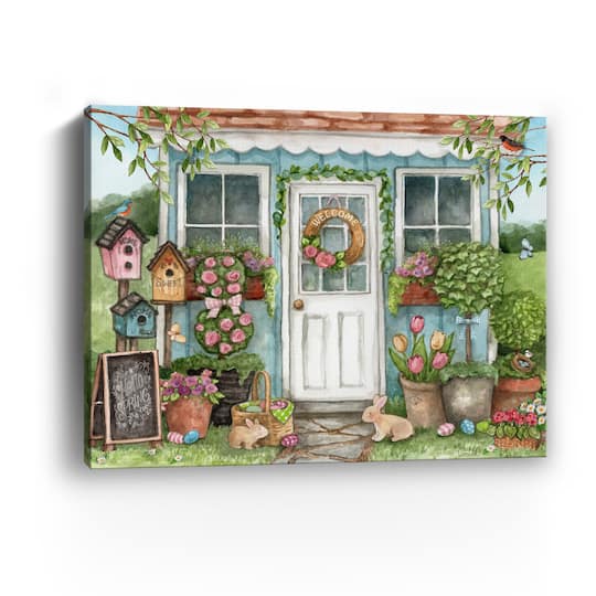 Lumaprints Blue Garden Shed Hello Spring Bunnies Canvas Giclée Art